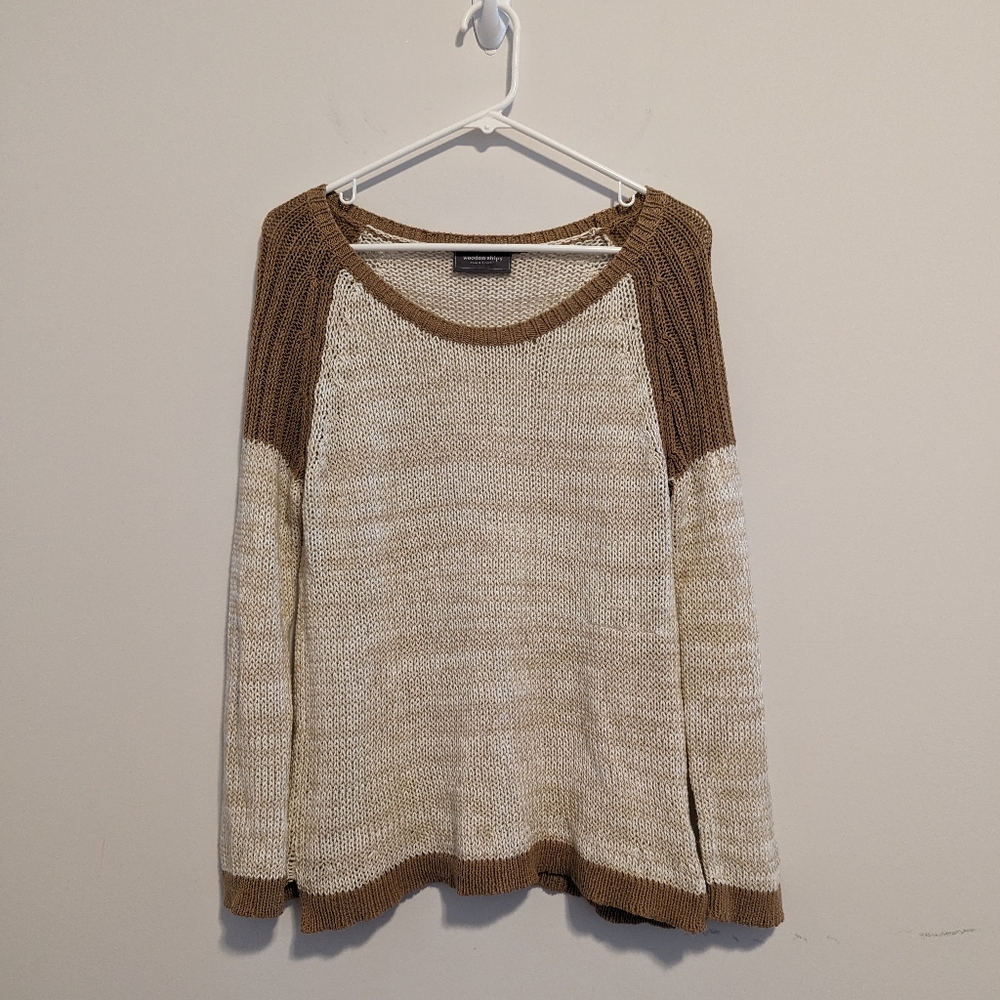Wooden Ships cream brown knit sweater long sleeve size small medium